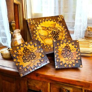 Vintage Wooden Trivet & Coaster Set w/ Carved Fruit Design